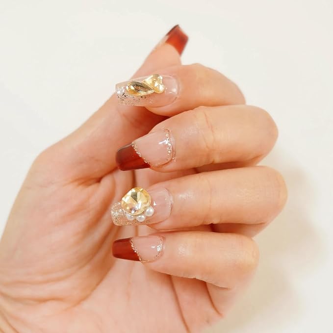 Valentine French Tip Press On Nails Red Short Coffin - Nude Base Gold Glitter with 3D Rhinestone Decor Handmade Nails for Wedding, Party, New Year (Wine Red Romance,M)