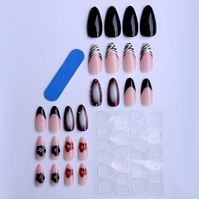 Black French Tip Fake Nails Medium Almond Press on Nails Flower Nails Press Ons Brown Stick on Nail Glossy Full Cover False Nails Acrylic Nude Glue on Nail for Women and Girls Decoration 24Pcs