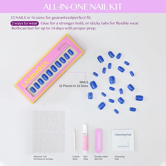 LAMIMOSA 32Pcs Royal Blue Press On Nails Short Square - Klein Blue Soft Gel Fake Nails in 16 Sizes, Reusable Glue on Nails Kit, MAJORELLE BLUE