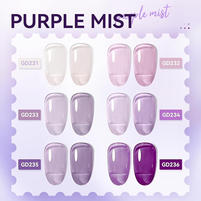 JODSONE Jelly Gel Nail Polish Set of 6 Colors,Semi-Transparent Purple Gel Polish for DIY Nail Art, UV/LED Cured, Long-Lasting & High-Shine Manicure at Home or Salon, Gift for Women