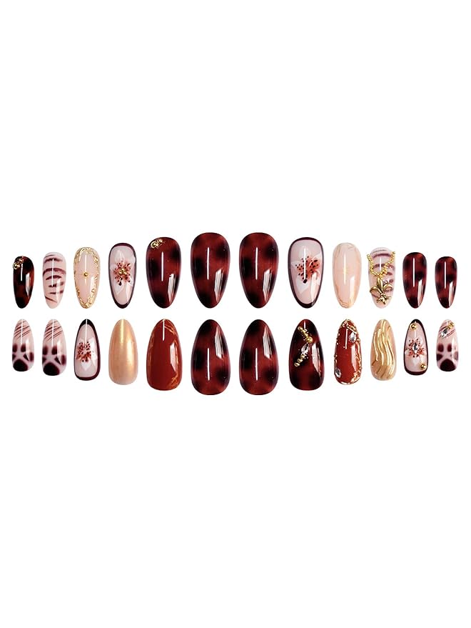 Medium Almond Press on Nails Brown Fake Nails Floral Artificial Nail with Gold Charm Designs Glitter Stick on Nail for Women 24pcs