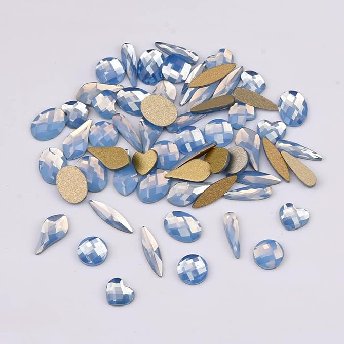 60pcs 6 Different Shapes Flatback Blue Opal Nail Rhinestones 480pcs Round 3D Diamond Gems Bulk Pack for Nail Design Jewels Decoration