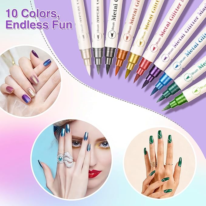 10 Colors Metallic Nail Art Pens Set, Professional Dual Tip with Soft Brush & Fine Point, Quick Dry Water-Based Markers for DIY Nail Salon and Beginners