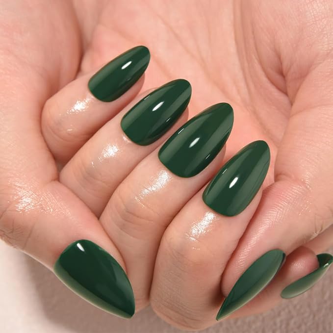 evpct Green Glossy Press on Nails Short Almond, Glossy Green Fake Nails False Nail Pure Color with Kit, Salon Quality Soft Gel Stick on Acrylic False Soft Nails Reusable Full Cover for Women Manicure