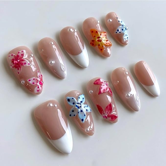 Luxury Press on Nails Medium Almond Handmade 3D Unique Reusable ABS Material Fake Nails White French Tip False Nails with Designs Polka Dots Pearls Flower Glossy Glue on Nail Thick Acrylic Nail(M)