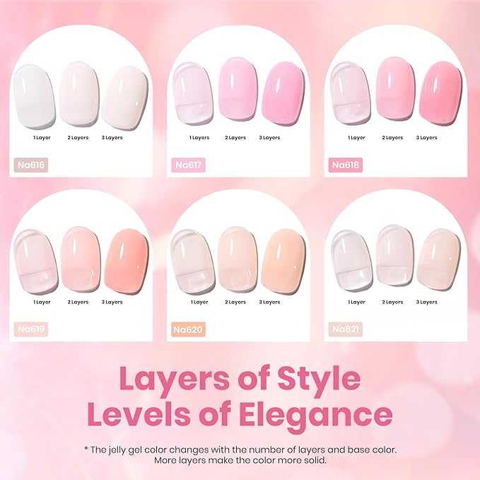Beetles Nude Pink Gel Nail Polish Set, 6 Colors Hema Free Light Pink Jelly Gel Polish Translucent 15ML Full Size Nail Concealer High Gloss Soak Off UV Salon Spring Colorful Bottle Gel Gift for Women