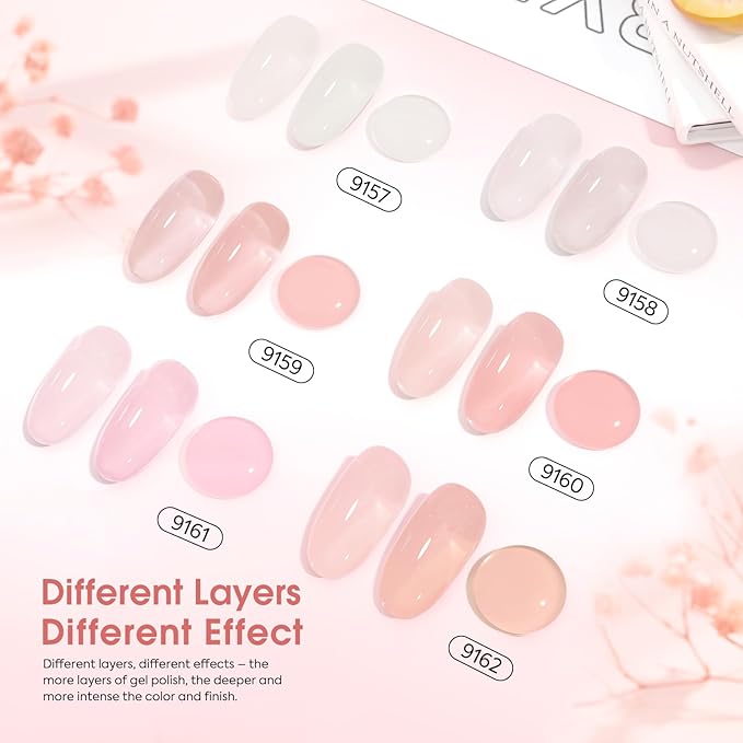 CANNI Jelly Nude Pink Gel Nail Polish Set- 6 Pcs 9 Ml Neutral Transparent Milky White Colors Gel Polish Kit, Soak Off LED Nail Gel Manicure Kit DIY at Home Salon Gifts