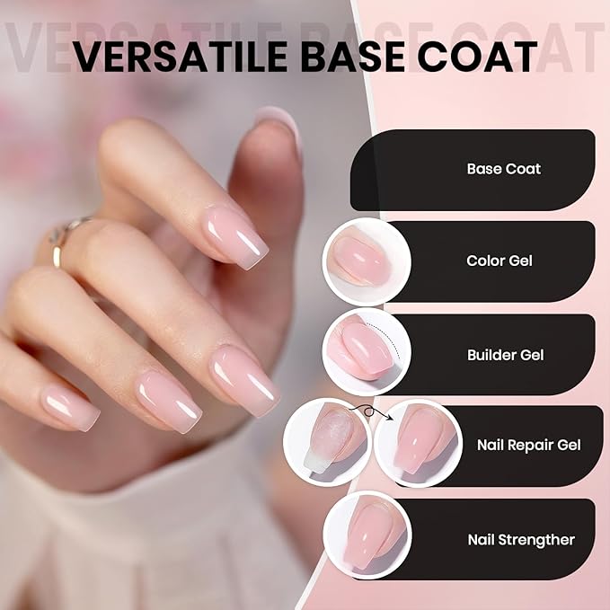 RARJSM Nude Soft Pink Fiber Glass Rubber Base Gel Nail Polish for Repair Broken Nails StrengthenerGel Base Coat Transparent Brush on Building Gel in a Bottle Soak Off UV LED Curing Requires 15ml