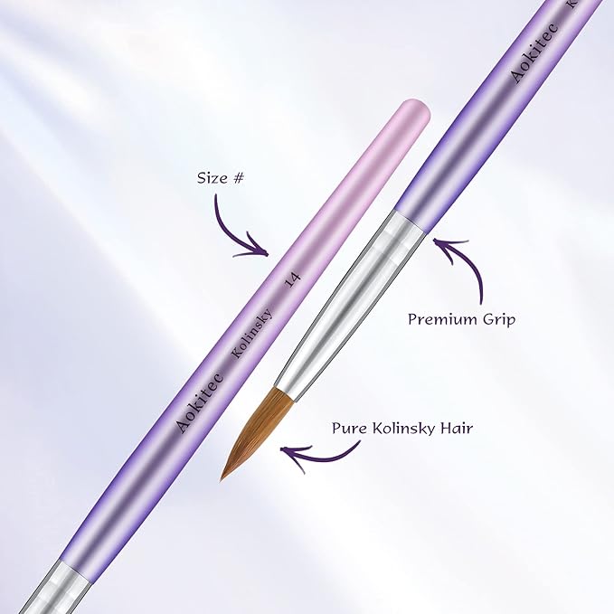 Aokitec 100% Kolinsky Acrylic Nail Brush #14 Oval Crimped Sable Wood Nail Art Brush for Acrylic Application Manicure Tool (Purple)