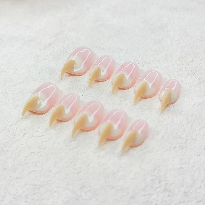 10 Pcs Handmade Press on Nails Medium Curved Stiletto Cat Claw Nails Press Ons Beige Nail Tips Design Thick Cat Claw Fake Nails Reusable Glossy Acrylic Stick on Nail (S)