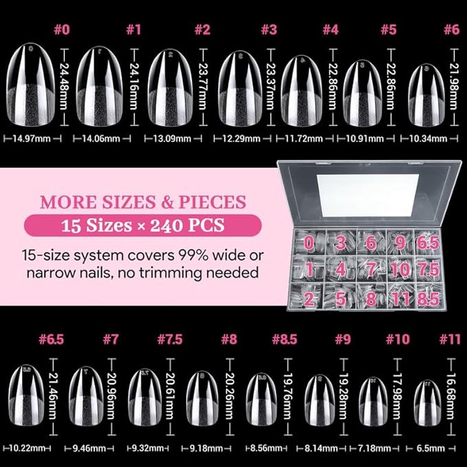 Medium Oval Fake Nail Tips - 15 Sizes 240 PCS Clear Half Matte Press On False Nail Tips Pre-shaped Soft Full Cover Gel Nail Tips Extensions Thick Long Lasting for DIY Beginners& Salon Manicure