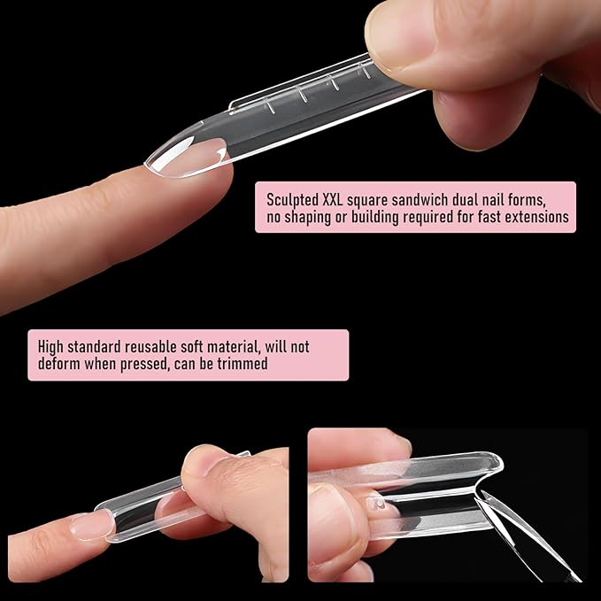 Sandwich Dual Nail Forms, XXL Straight Square (Sculpted) Poly Gel Nail Extensions Nails Mold, Quick Polygel Extensions Salon Nail Art Tools, 15 Sizes 150 Pieces