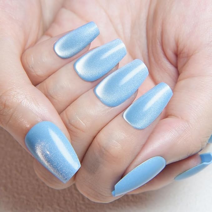evpct Sky Blue Cat Eye Coffin Press on Nails Square Medium, Medium Square Stick on Nail for Women Gift, Sky Blue Metallic Glitter Glossy Reusable Summer Soft Gel Press on Acrylic Fake Nail with Design