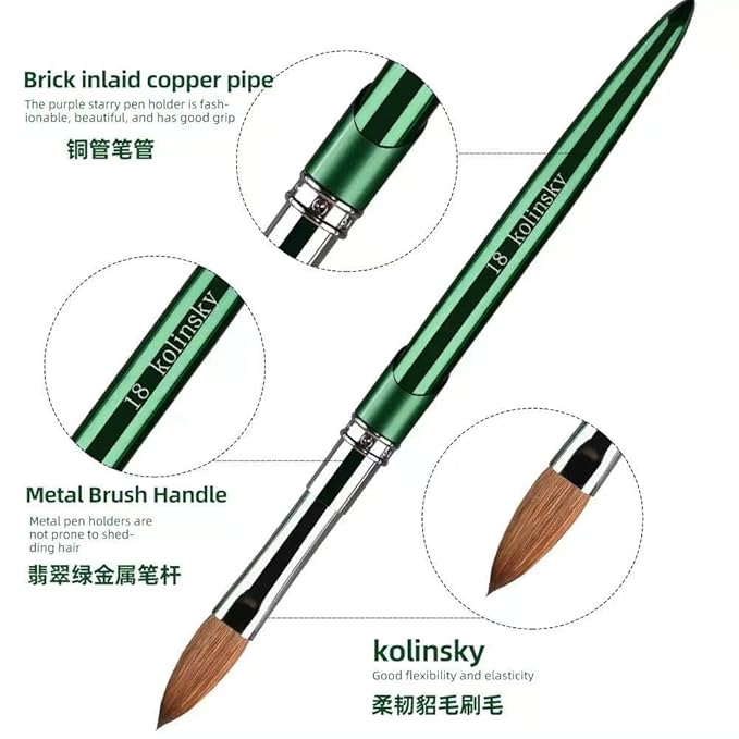 Nail Art Brushes Acrylic Nail Brushes Pure Kolinsky Hair Acrylic Crystal Chrome Green Handle with Silver Ferrule Round Shaped for Women Girls Manicure Tools Accessories- Size 8