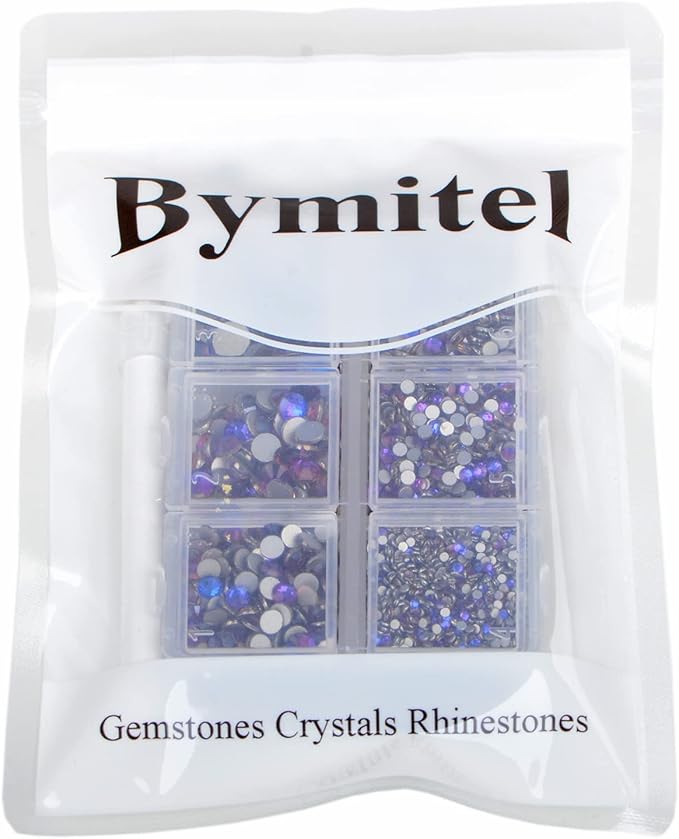 Bymitel 5000 Pieces 6 Mixed Sizes Glue Fix on Glass Rhinestones Round Crystal Gems Flatback for DIY Jewelry Making with one Picking Pen(6-Sizes 5000PCS, Purple Velvet)