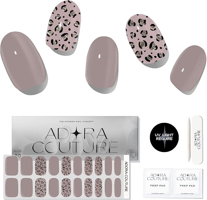 Semi-Cured Gel Nail Strips - 20 Salon-Quality Gel Sticker with UV Light Required, Long Lasting, Easy Application & Removal, Includes Prep Pad, Nail File, Wooden Stick (Brown Safari)