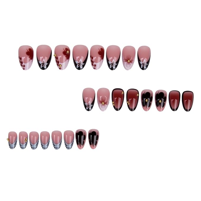 Press on Nails Almond - Short Fake Nails with Flower Design - Ombre French Tip False Nails Press ons - for Women 24 Pcs