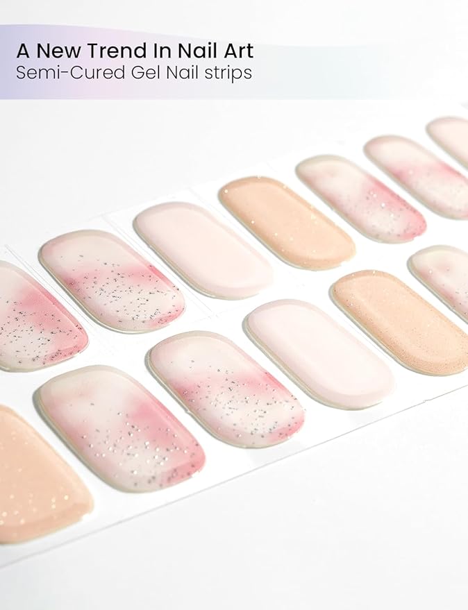 Semi Cured Gel Nail Strips | Built-In Gel Top Coat | UV Light Required | Salon Quality, Easy Application And Removal (Stardust Marble）