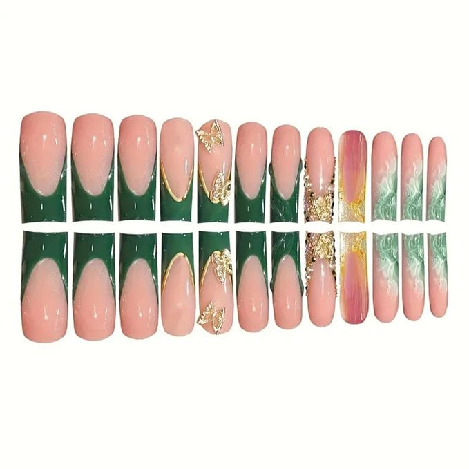 Green Press on Nails Long Square Fake Nails with Gold Butterfly Design Rhinestone Glue on Nails French False Nail tips Glossy Reusable Spring Summer Nails for Women Girls Manicure 24pcs