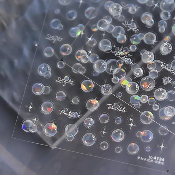 2Sheets Holographic Bubble Nail Art Stickers, Iridescent Circle Design Decals, Translucent White