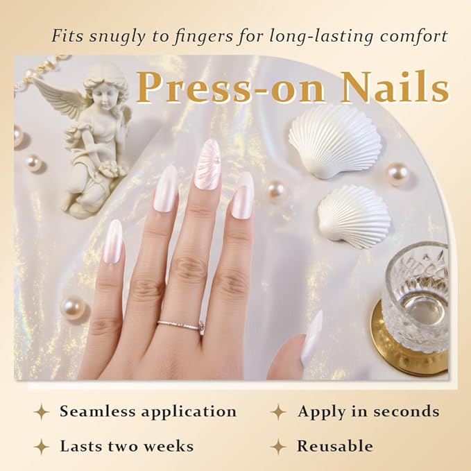 evpct French Tips Press on Nails Medium Almond, Nude Pink + White Tips, Chrome Glazed Aurora Fake Nails Kit with 3D Shell & Rhinestones Design, Stick on Nails with Nail Kit, Reusable Stick on Nail Kit