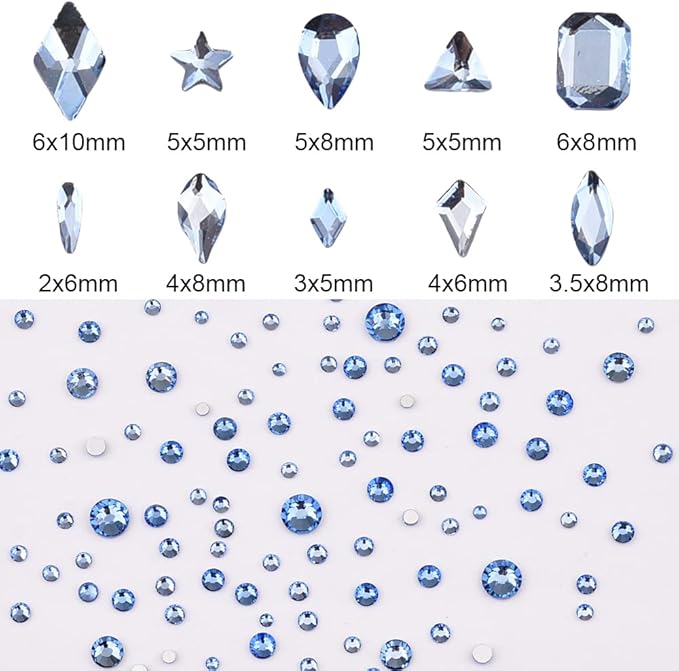 820pcs Light Sapphire Multi Shapes Stone Nail Art 3D Charms Glass Flatback Nail Rhinestone Crystals Set for DIY Crafts