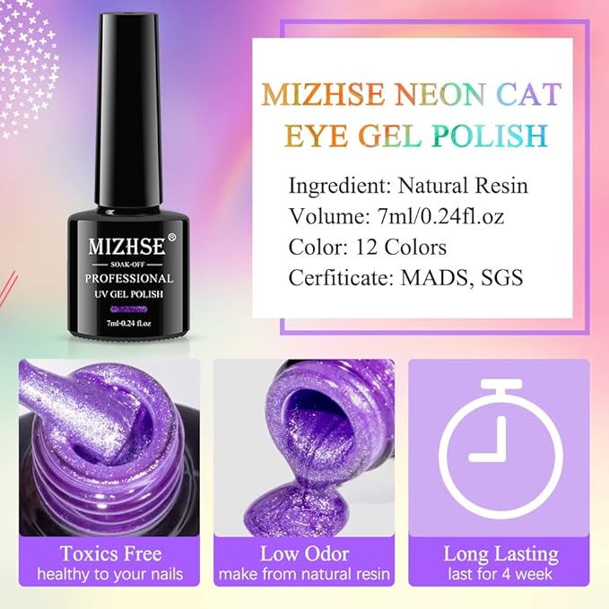 MIZHSE Neon Cat Eye Gel Polish Kit with 3D Metal Stick - 12-Color Glitter Magnetic Gel Polish Set Red Yellow Green Hot Pink Purple - Bright Nail Art Manicure Gift for Women