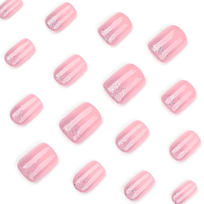 Pink Flash Press On Nails Short Square, Glitter Ombre Design False Nails Short, Reusable Thick Acrylic Gel Stick On Fake Nails with Glue For Women, Salon Quality Nail Kit, Gift for Woman