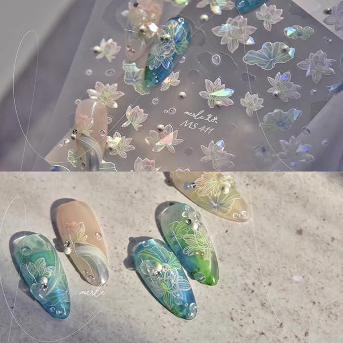 Summer Lotus Flower Leaves Nail Art Stickers Aurora Light Nail Decals Embossed Self Adhsive Sticker for Women Girls DIY Nails Manicure Salon (Lotus)