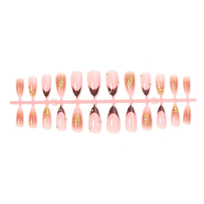 Almond Press on Nails Medium Fake Nails Gold Artificial Nail Brown French Gold Charm Stick on Nail for Women 24pcs