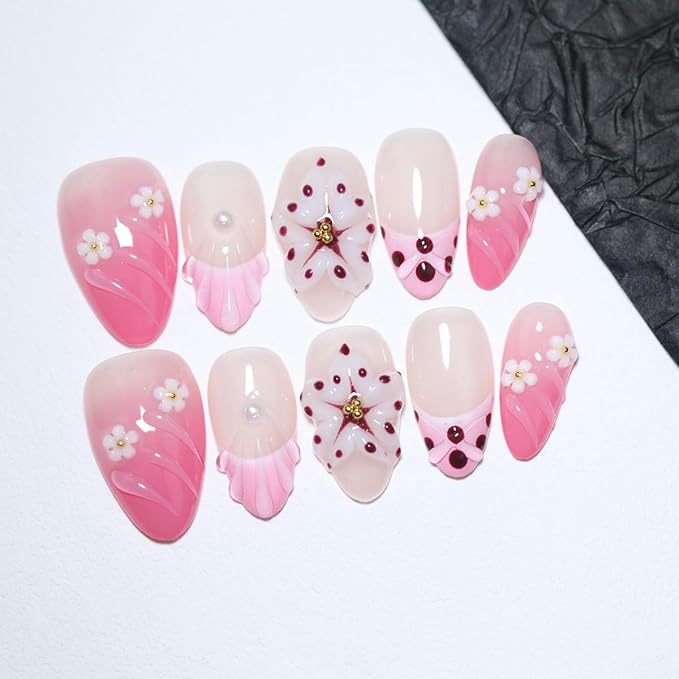 10Pcs Short Almond Handmade Press On Nails | Pink Ombre with Seashell, 3D Floral & Pearl Decor | Reusable Salon-Quality Fake Nails for Women and Girls (PZ01, S)
