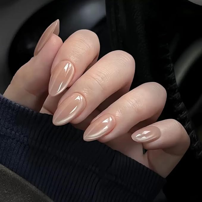 6 Packs (144 Pcs) Press on Nails Medium Almond Fake Nails Solid Color False Nails with Designs Cat Eye Glue on Nails Full Cover Glossy Shiny Glitter Acrylic Stick on Nail for Women Manicure