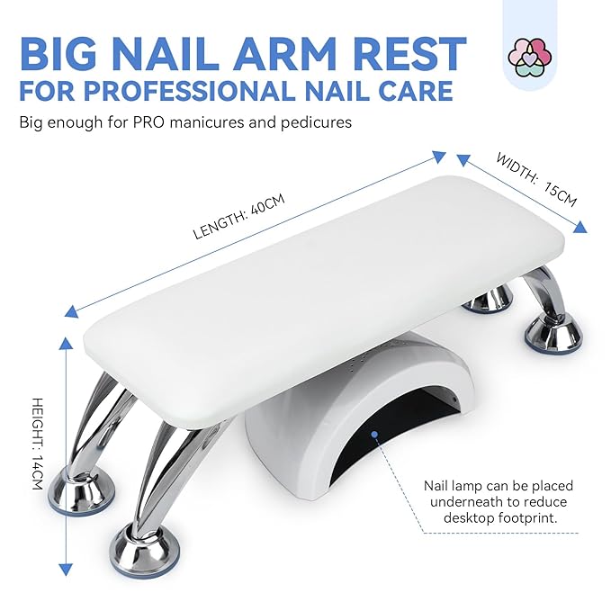 SAVILAND Arm Rest for Nails Tech Professional: 15.7" Full-Length Nail Arm Rest for White Super-Comfort Big Nail Arm Rest with Microfiber Leather Mat Height Hand Pillow Cushion Nail Salon Manicure