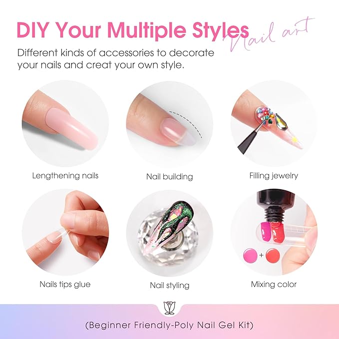 ROSALIND White Pink Glitter Christmas Poly Nail Gel Set, 6 Colors 0.34 oz/10 ml Nail Enhancement Thicker Gel Poly Extention Gels Nail Strengthener for Beginner, Manicure 3D Diy Set Need U V/LED Light