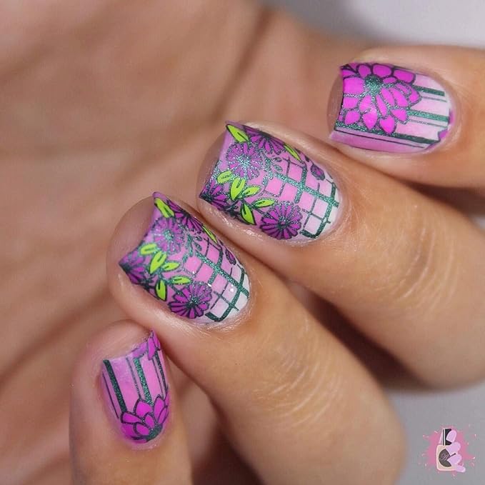 Maniology Petal Pusher Nail Stamping Plate | Spring Floral & Plaid Designs for Fresh Good Vibes DIY Manicures – Reusable, Rectangular Stainless Steel Nail Art Template