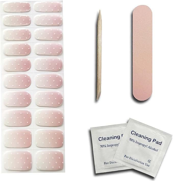 Polka Dot Semi Cured Gel Nail Strips - Pink Ombre Nails with White Dots, DIY Nail Art Kit, Salon Quality at Home Manicure, 20PCS Long Lasting Gel Nail Polish Strips