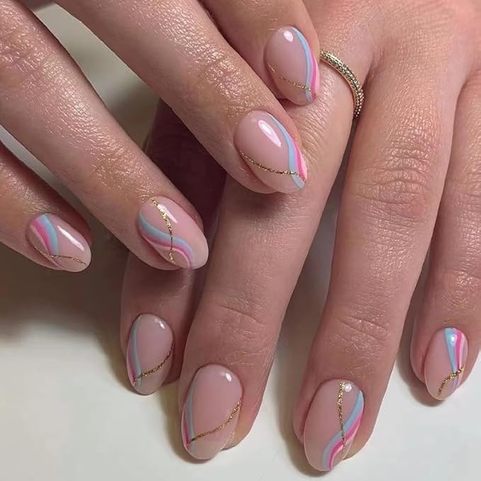 Almond Press on Nails Short Squoval Fake Nails Pink False Nails Press ons with Design Gold Glitter Glue on Nails Acrylic Artificial Stick on Nail for Women Nail Decoration 24Pcs