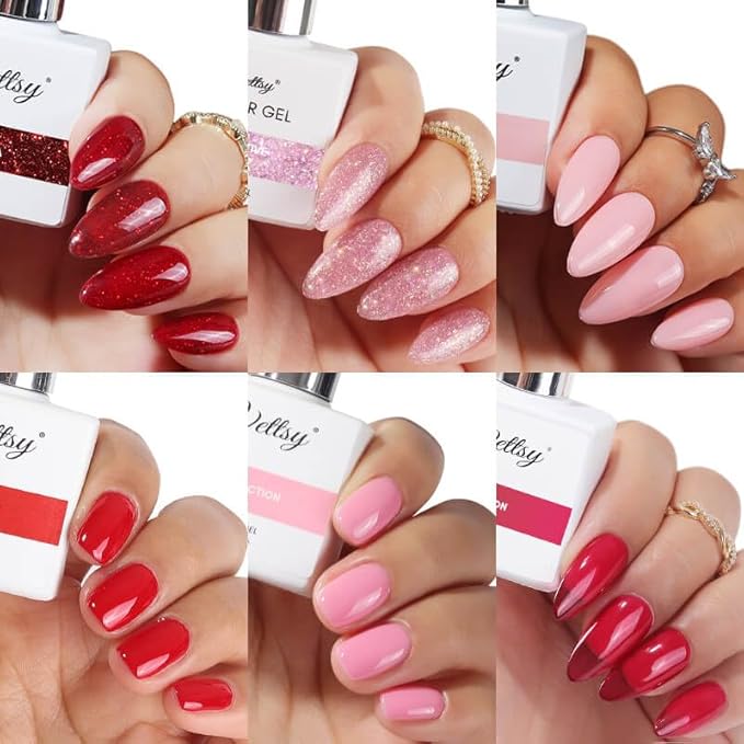 vettsy HEMA-Free Valentine Gel Nail Polish Kit - 6 Romantic Red & Pink Long-Lasting Soak-Off UV/LED Gel Polishes - Vegan, Cruelty-Free & Allergy-Friendly for Festive Manicures