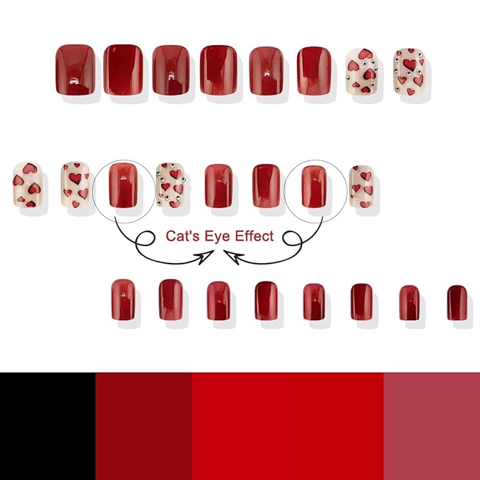 24Pcs Valentines Day Red Heart Press on Nails Short Square Fake Nails with Rhinestones Glossy Designs Artificial Valentines Nails Decoration Full Cover Glue on Nails for Women Acrylic Manicure Salon
