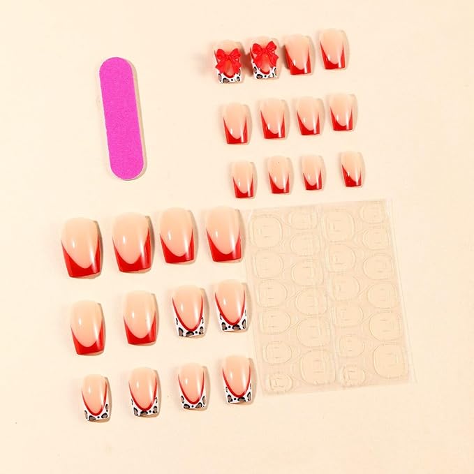 Red Press on Nails Short - Square Fake Nails with Leopard Print Design - French Tip False Nails Press ons - for Women Christmas Manicure 24Pcs
