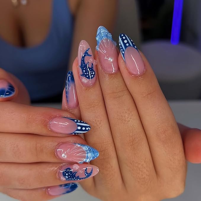 Blue Press on Nails Almond - French Tip Fake Nails with Ocean Design - Medium False Nails Full Cover Stick on Press ons - for Women 24 Pcs