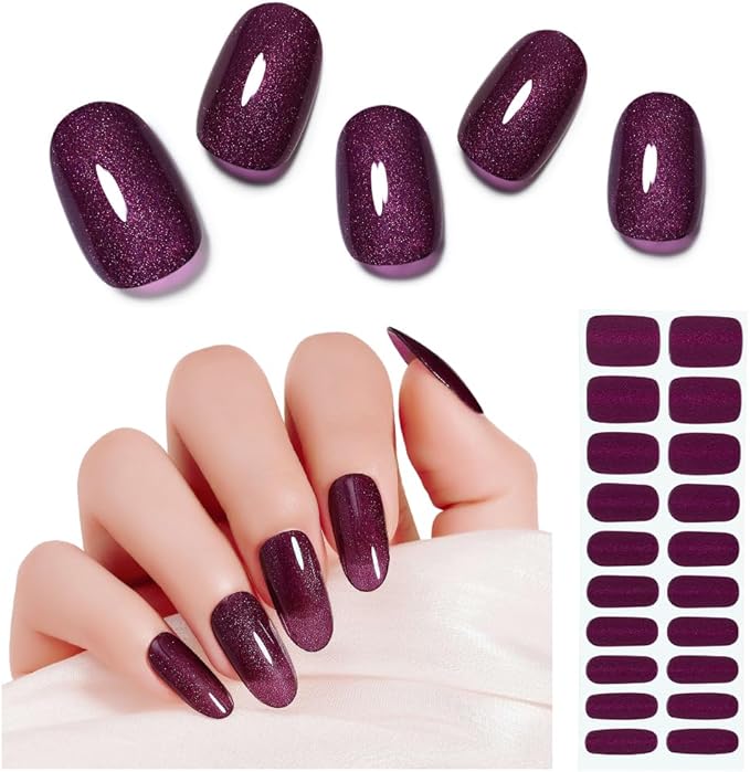 Arte Clavo Semi Cured Gel Nail Strips, 20 Pcs Gel Nail Stickers with UV Light Required, Salon Quality, Long Lasting, Easy Apply and Remove (Deep Plum Cat Eye)