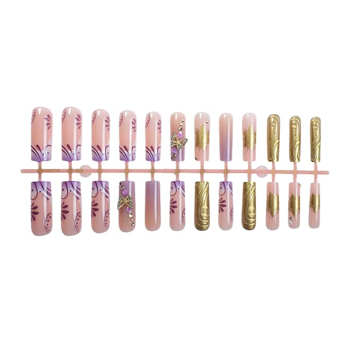 Long Square Press on Nails Fake Nails Artificial Nail Stick on Nail for Women Purple to Nude Ombre with 3D Gold Butterfly, Sun Charm, Sparkling Rhinestones