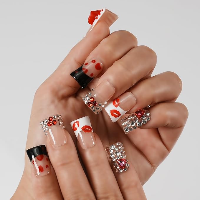 Press On Nails Handmade Short Duckbill Nails, 3D Red Lips, Heart & Bling Rhinestone Nails, French Tip Art Designs Reusable Acrylic Artificial Stick On Nails (Red Lip Passionate Heart,L)