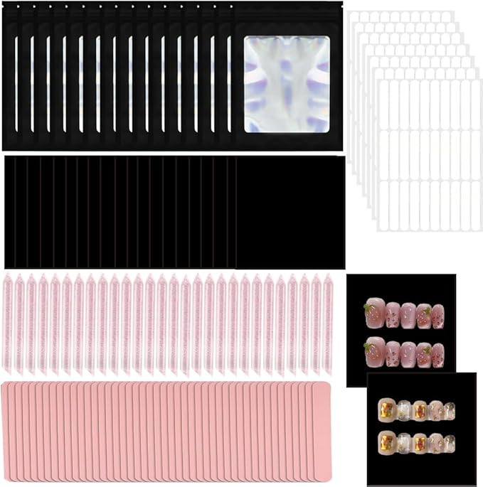 100 Set Press On Nail Tool Kit,Professional Nail Prep Application Disposable Kit With Nail File,Adhesive Tabs,Nails Sticks,Storage Bag and Black Cardboard for Nail Salon Home