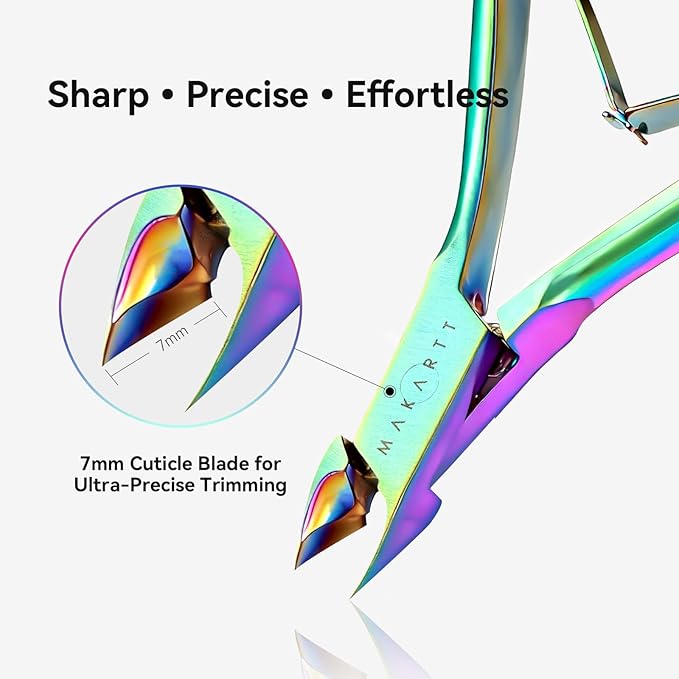 Makartt Cuticle Trimmer: Cuticle Nipper and Cuticle Pusher Set, Rainbow Titanium Stainless Steel Manicure Tools for Nail Prep and Care, 7mm Precision Jaw, Double Spring, Ergonomic and Portable