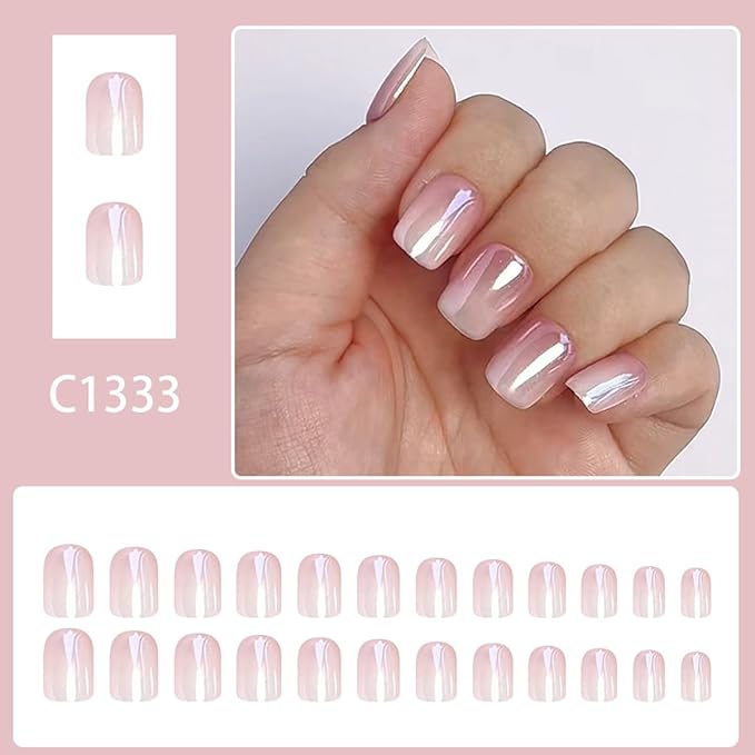 Ombre Glazed Press on Nails Short Square Fake Nails White Chrome Nails Press ons with Design Full Cover Glue on Nail Stick on Nails for Women Manicure,Glossy | Reusable | Glue Tab | Easy Apply | 24Pcs