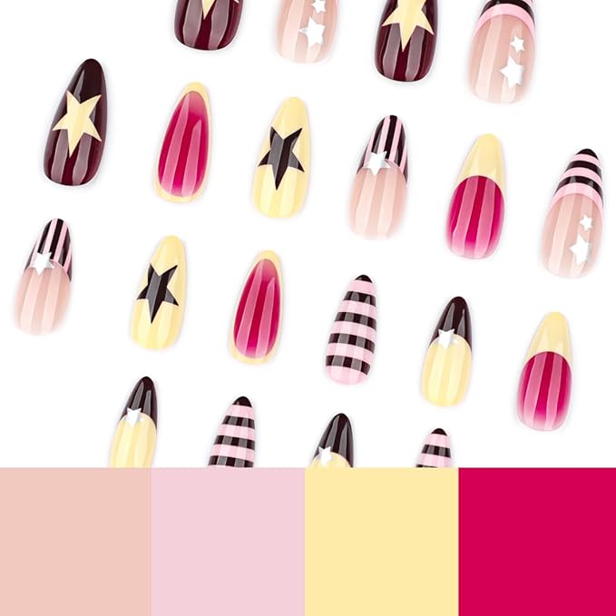 Short Almond Press on Nails - Cute Star False Nails Striped Fake Nails Press ons with Y2K Style Design, Full Cover Glue on Nails for Women Manicure 24Pcs