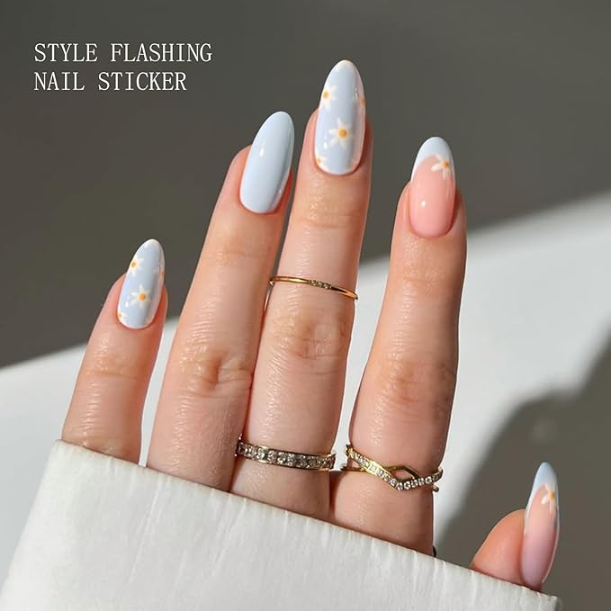 JMEOWIO Gel Nail Stickers Blue White Flower French Tip Semi Cured Gel Nail Strips Wraps UV/LED Nails Art Design Decoration Accessories