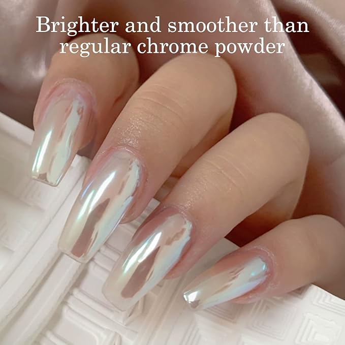 2Pcs White Chrome Nail Powder Clear Blue Glass Effect Super Glossy Glazed Donut Chrome Powder for Nails Art, Pearl Nail Glitter Pigment Dust for Gel Nails Polish Design with Tools